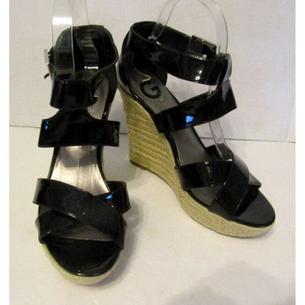 G by GUESS Black Patent Espadrille Wedge Sandals Ankle Strap Sz 8M